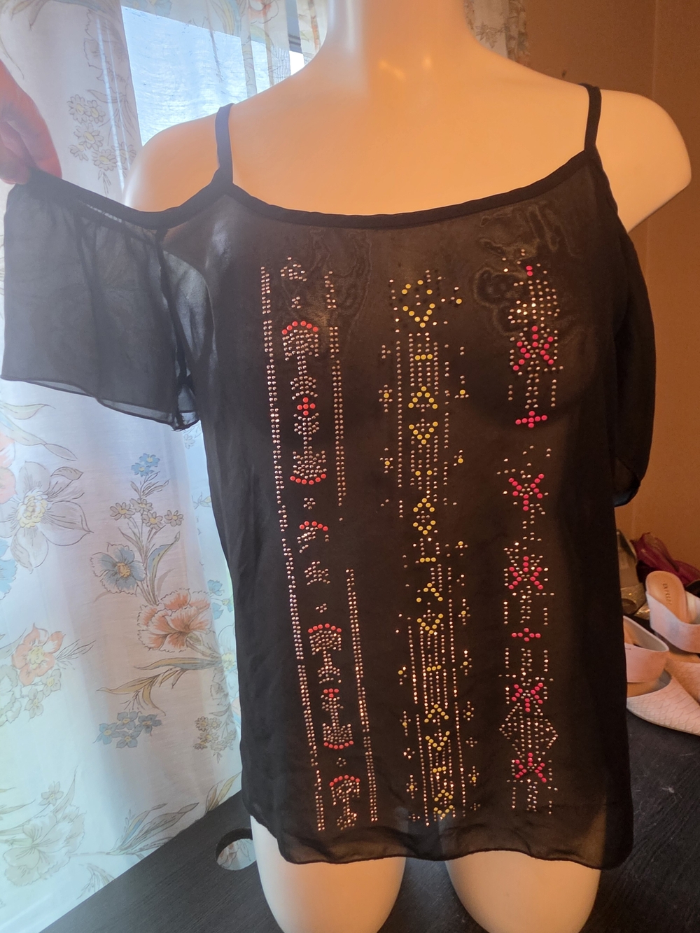 Deb Black Cold-Shoulder Camisole with Pink and Gold Stud Accents